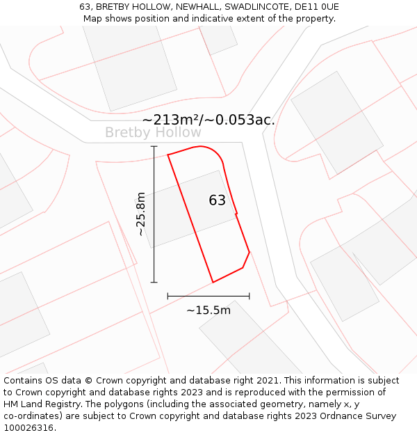 63, BRETBY HOLLOW, NEWHALL, SWADLINCOTE, DE11 0UE: Plot and title map