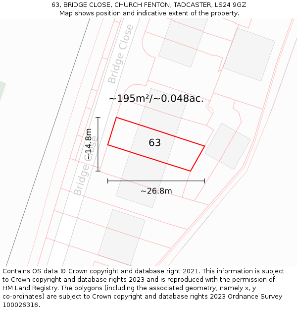 63, BRIDGE CLOSE, CHURCH FENTON, TADCASTER, LS24 9GZ: Plot and title map