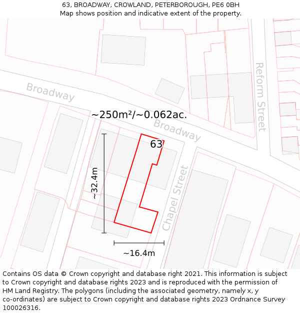 63, BROADWAY, CROWLAND, PETERBOROUGH, PE6 0BH: Plot and title map