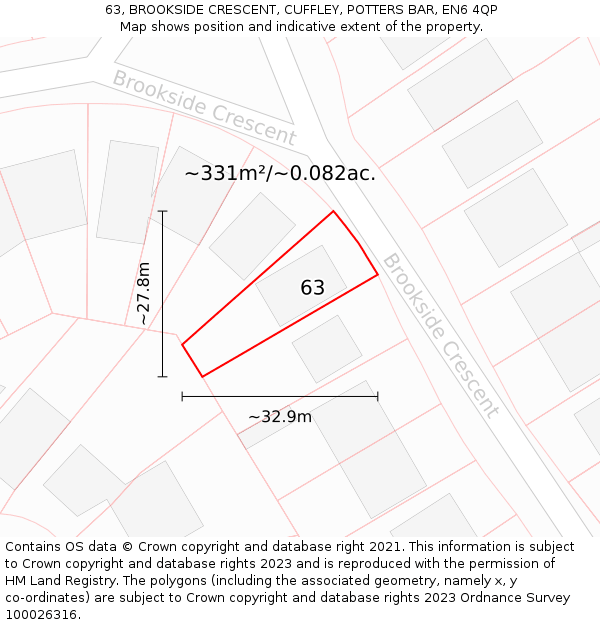 63, BROOKSIDE CRESCENT, CUFFLEY, POTTERS BAR, EN6 4QP: Plot and title map