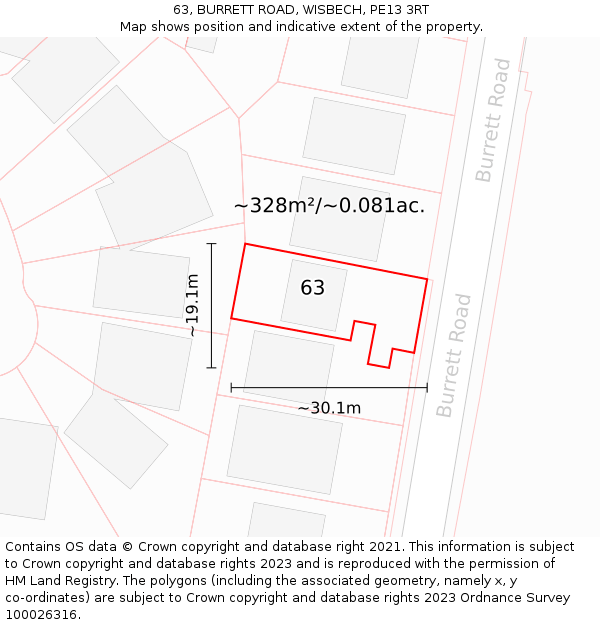 63, BURRETT ROAD, WISBECH, PE13 3RT: Plot and title map