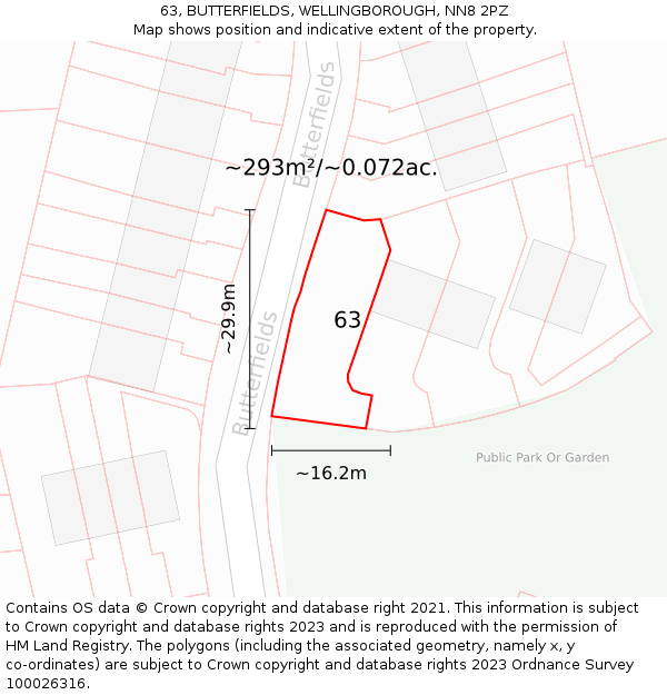 63, BUTTERFIELDS, WELLINGBOROUGH, NN8 2PZ: Plot and title map
