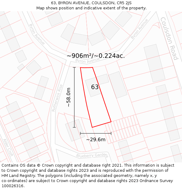 63, BYRON AVENUE, COULSDON, CR5 2JS: Plot and title map