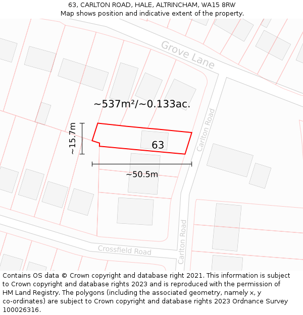 63, CARLTON ROAD, HALE, ALTRINCHAM, WA15 8RW: Plot and title map