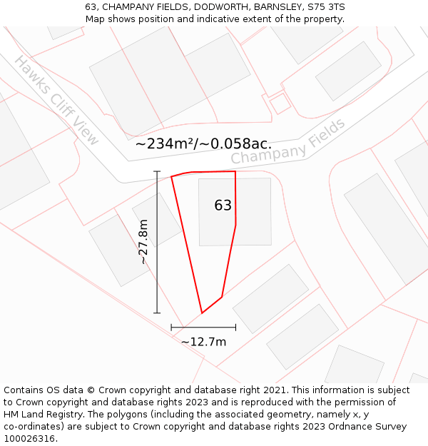 63, CHAMPANY FIELDS, DODWORTH, BARNSLEY, S75 3TS: Plot and title map