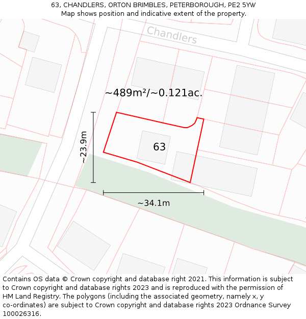 63, CHANDLERS, ORTON BRIMBLES, PETERBOROUGH, PE2 5YW: Plot and title map