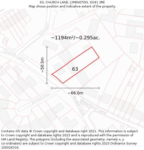 63, CHURCH LANE, LYMINGTON, SO41 3RE: Plot and title map