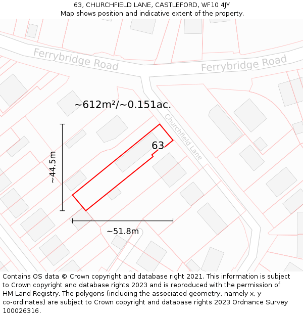 63, CHURCHFIELD LANE, CASTLEFORD, WF10 4JY: Plot and title map