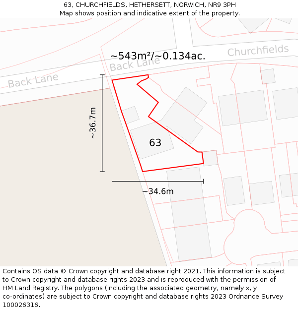 63, CHURCHFIELDS, HETHERSETT, NORWICH, NR9 3PH: Plot and title map