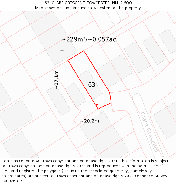 63, CLARE CRESCENT, TOWCESTER, NN12 6QQ: Plot and title map