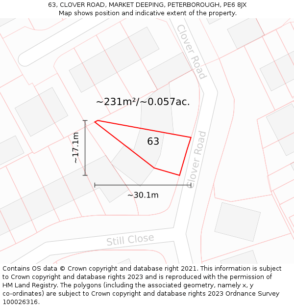63, CLOVER ROAD, MARKET DEEPING, PETERBOROUGH, PE6 8JX: Plot and title map