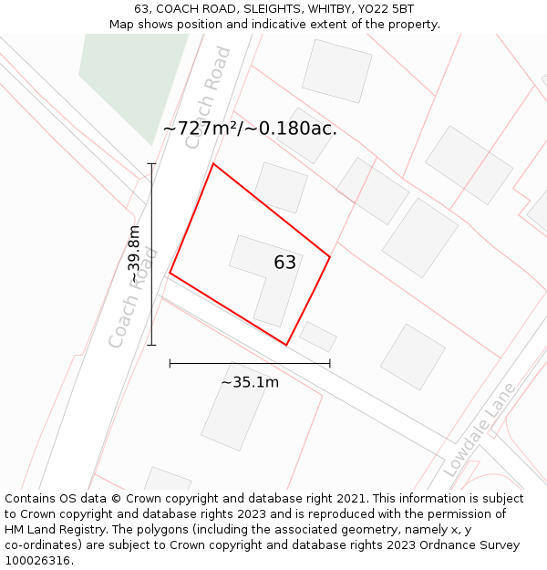 63, COACH ROAD, SLEIGHTS, WHITBY, YO22 5BT: Plot and title map