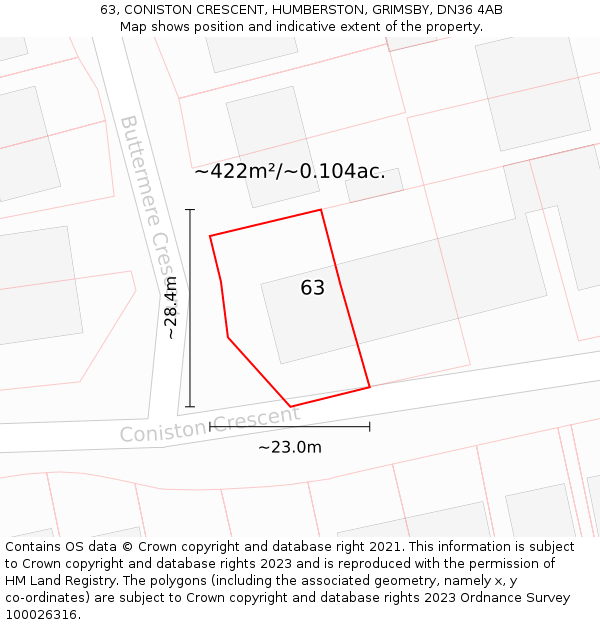 63, CONISTON CRESCENT, HUMBERSTON, GRIMSBY, DN36 4AB: Plot and title map