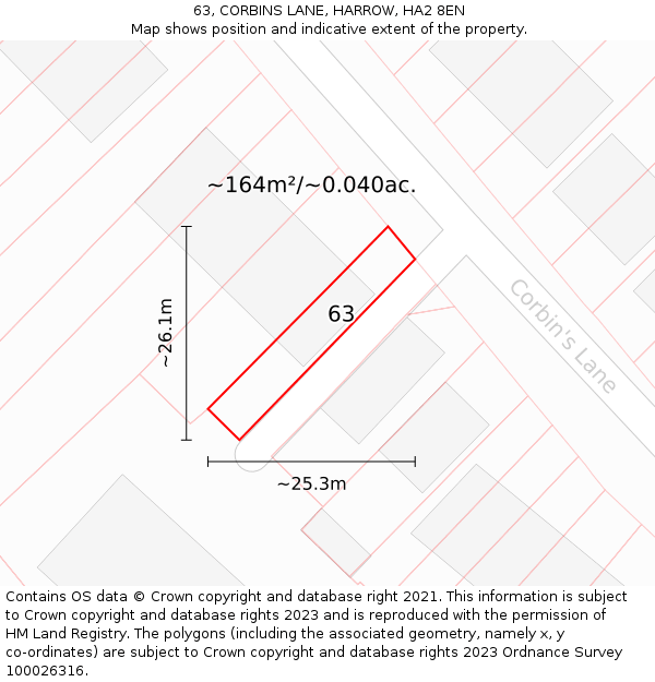 63, CORBINS LANE, HARROW, HA2 8EN: Plot and title map