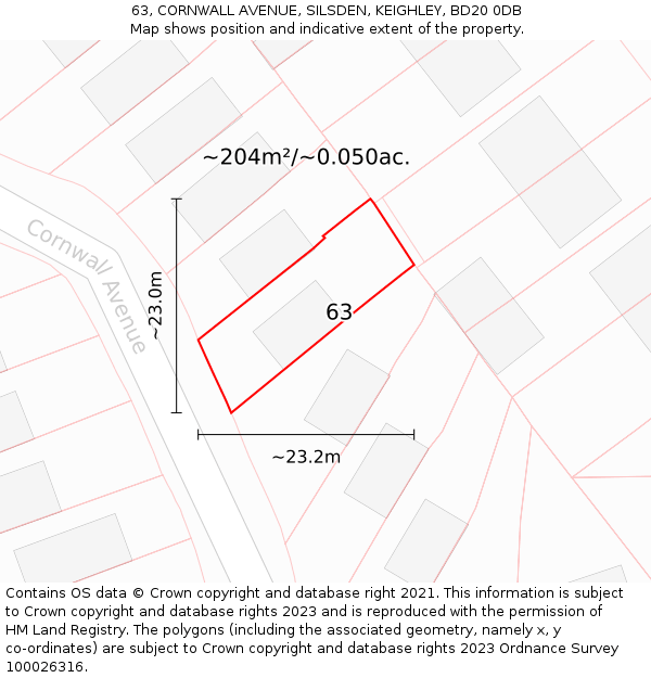 63, CORNWALL AVENUE, SILSDEN, KEIGHLEY, BD20 0DB: Plot and title map