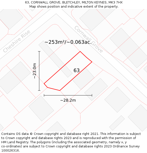 63, CORNWALL GROVE, BLETCHLEY, MILTON KEYNES, MK3 7HX: Plot and title map