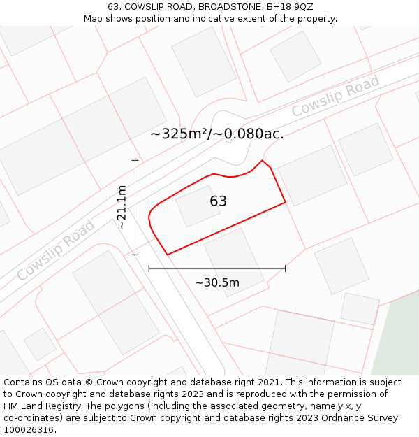 63, COWSLIP ROAD, BROADSTONE, BH18 9QZ: Plot and title map