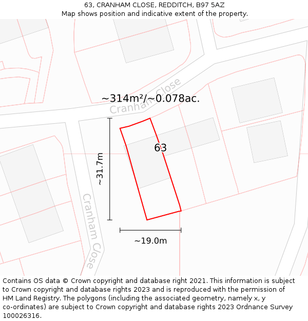 63, CRANHAM CLOSE, REDDITCH, B97 5AZ: Plot and title map