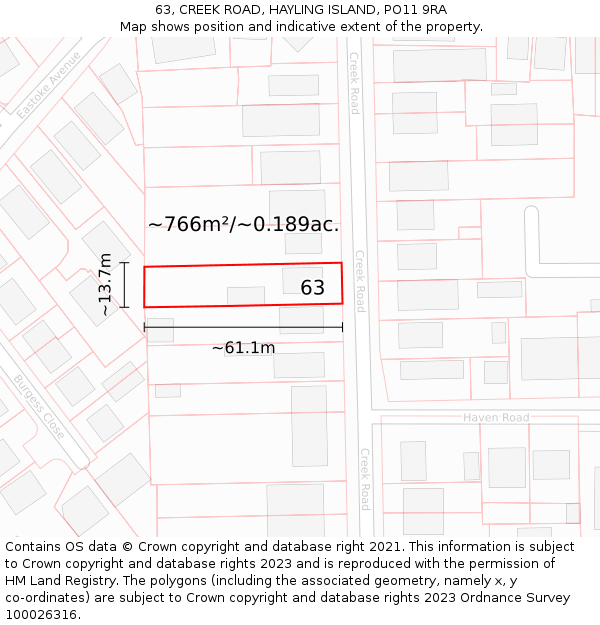 63, CREEK ROAD, HAYLING ISLAND, PO11 9RA: Plot and title map