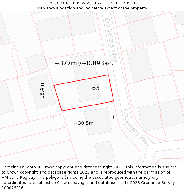 63, CRICKETERS WAY, CHATTERIS, PE16 6UR: Plot and title map