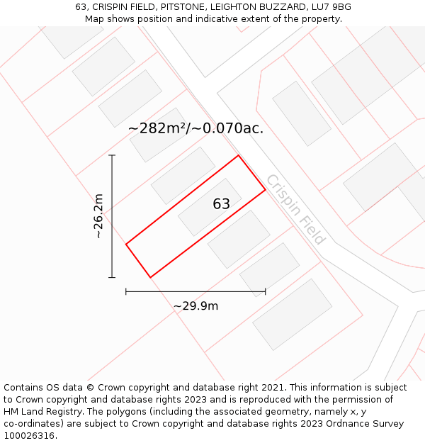 63, CRISPIN FIELD, PITSTONE, LEIGHTON BUZZARD, LU7 9BG: Plot and title map
