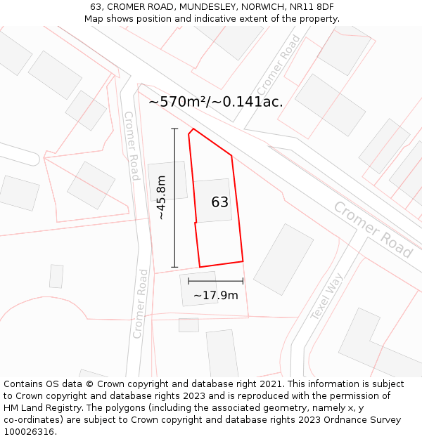 63, CROMER ROAD, MUNDESLEY, NORWICH, NR11 8DF: Plot and title map