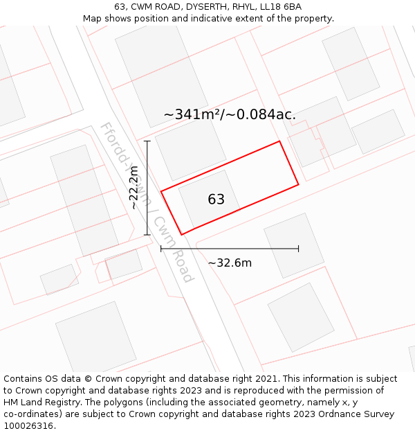 63, CWM ROAD, DYSERTH, RHYL, LL18 6BA: Plot and title map