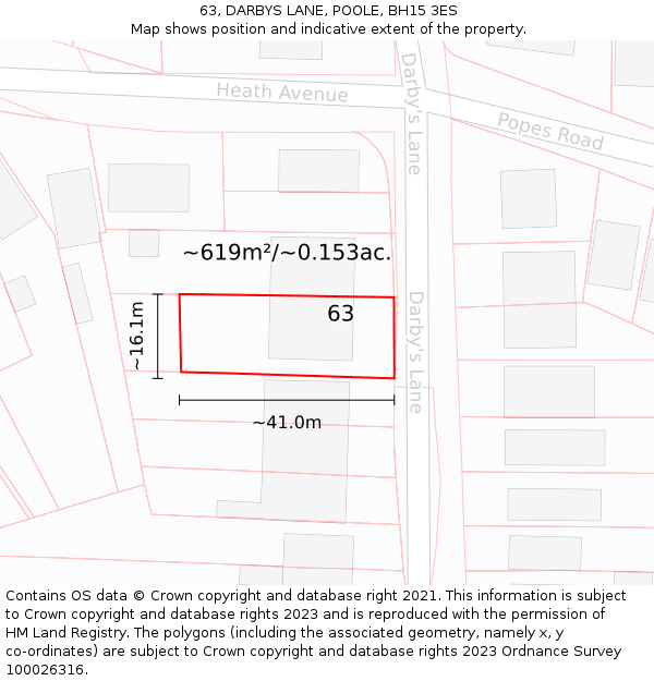 63, DARBYS LANE, POOLE, BH15 3ES: Plot and title map
