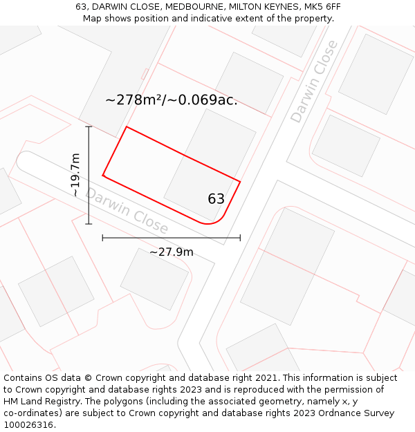 63, DARWIN CLOSE, MEDBOURNE, MILTON KEYNES, MK5 6FF: Plot and title map
