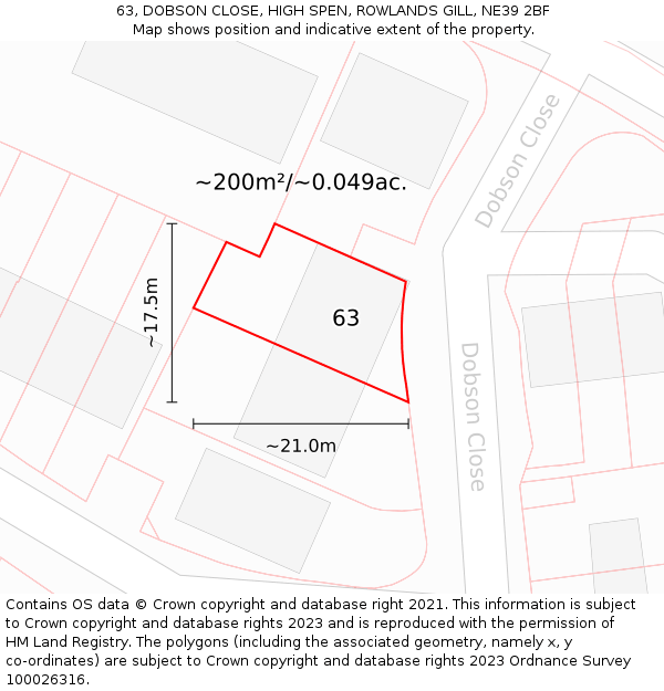 63, DOBSON CLOSE, HIGH SPEN, ROWLANDS GILL, NE39 2BF: Plot and title map