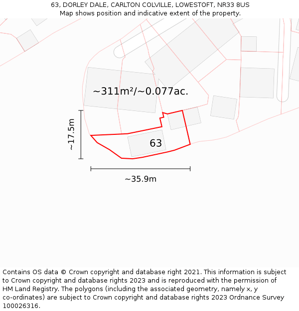 63, DORLEY DALE, CARLTON COLVILLE, LOWESTOFT, NR33 8US: Plot and title map
