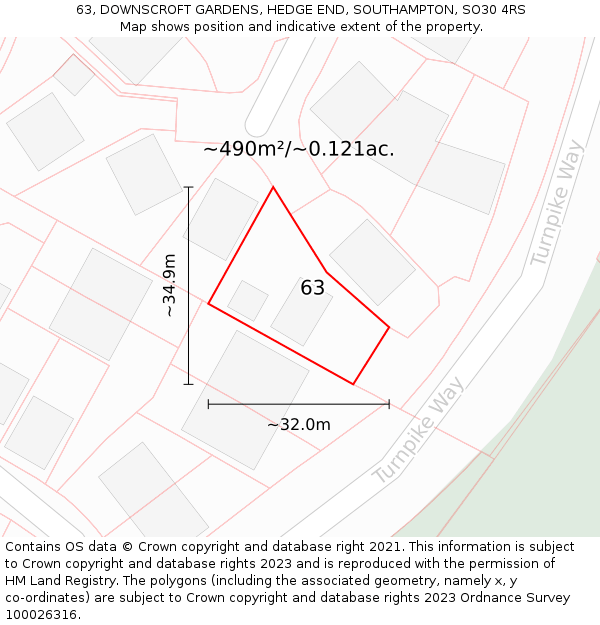 63, DOWNSCROFT GARDENS, HEDGE END, SOUTHAMPTON, SO30 4RS: Plot and title map