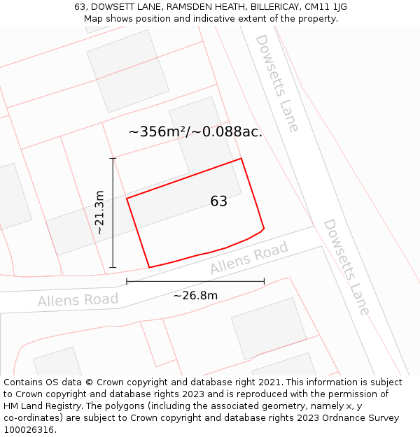 63, DOWSETT LANE, RAMSDEN HEATH, BILLERICAY, CM11 1JG: Plot and title map