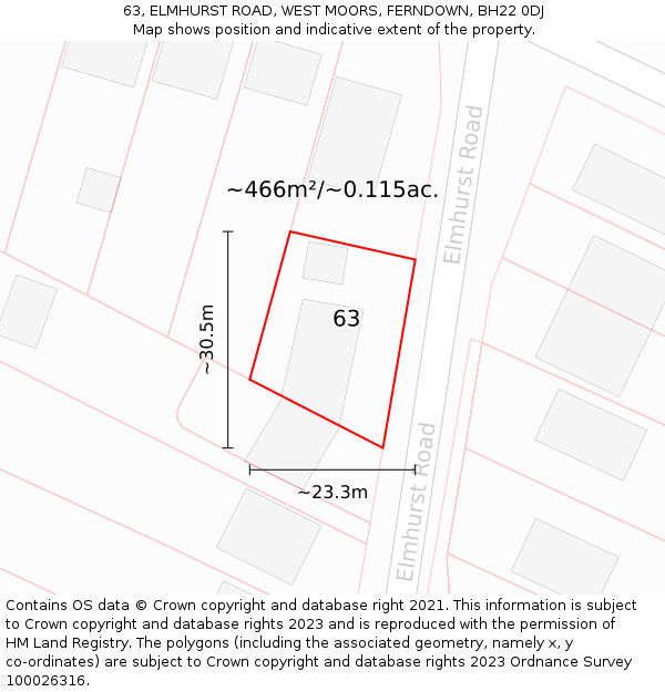 63, ELMHURST ROAD, WEST MOORS, FERNDOWN, BH22 0DJ: Plot and title map