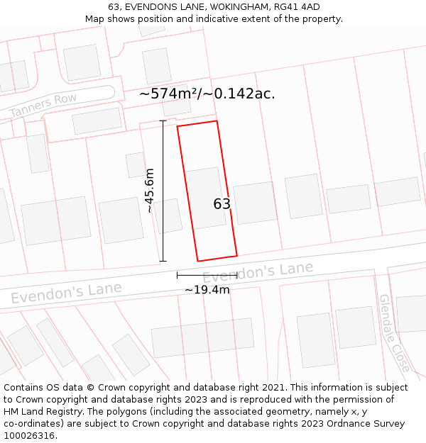 63, EVENDONS LANE, WOKINGHAM, RG41 4AD: Plot and title map
