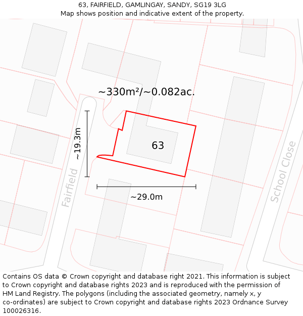 63, FAIRFIELD, GAMLINGAY, SANDY, SG19 3LG: Plot and title map
