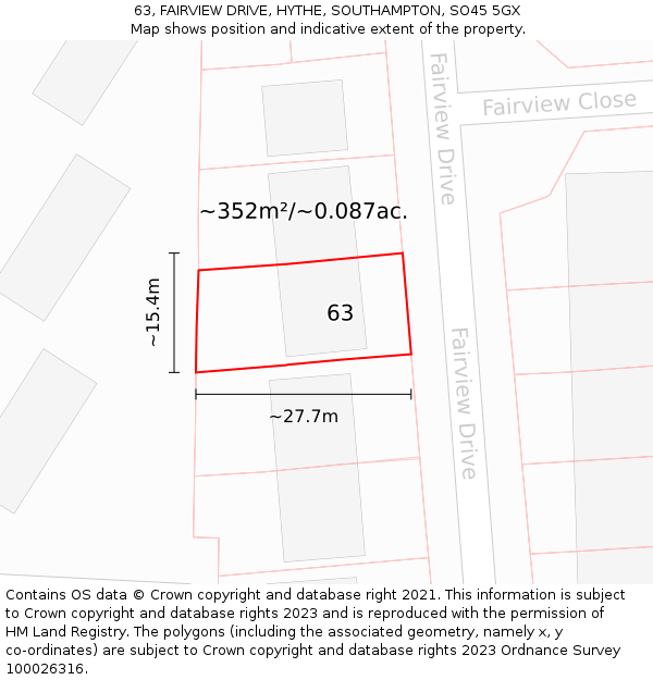 63, FAIRVIEW DRIVE, HYTHE, SOUTHAMPTON, SO45 5GX: Plot and title map