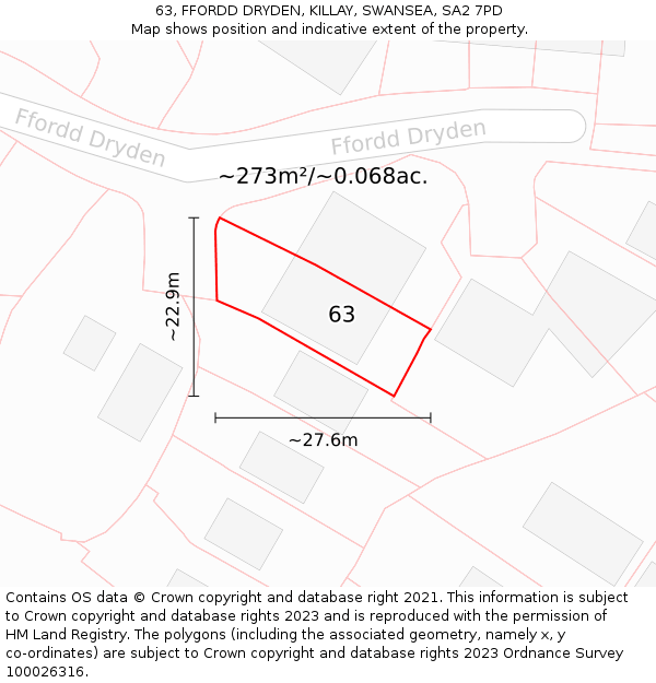 63, FFORDD DRYDEN, KILLAY, SWANSEA, SA2 7PD: Plot and title map