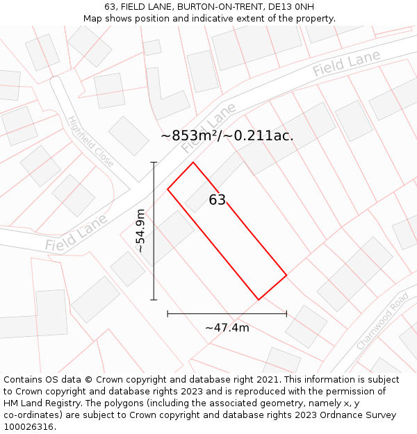 63, FIELD LANE, BURTON-ON-TRENT, DE13 0NH: Plot and title map