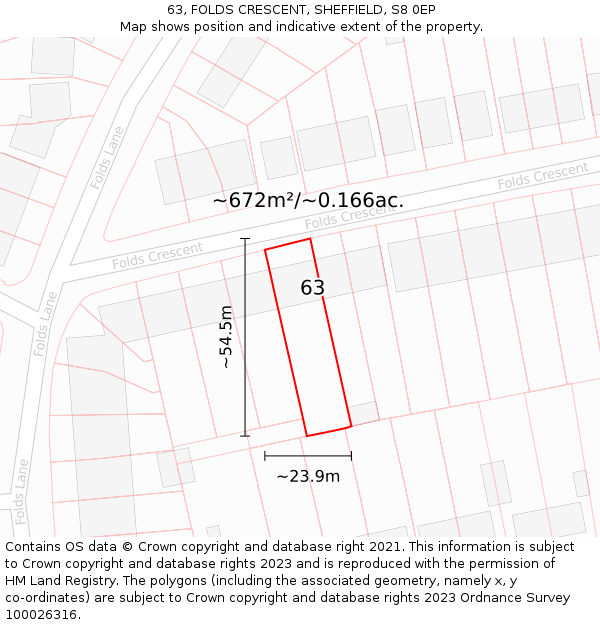 63, FOLDS CRESCENT, SHEFFIELD, S8 0EP: Plot and title map