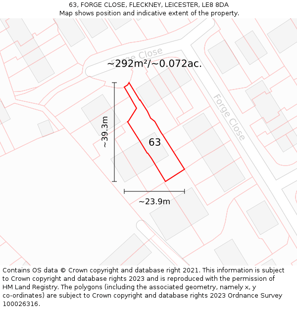 63, FORGE CLOSE, FLECKNEY, LEICESTER, LE8 8DA: Plot and title map