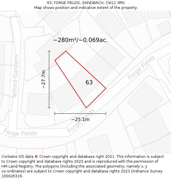 63, FORGE FIELDS, SANDBACH, CW11 3RN: Plot and title map