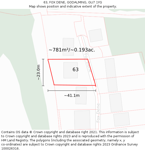 63, FOX DENE, GODALMING, GU7 1YG: Plot and title map