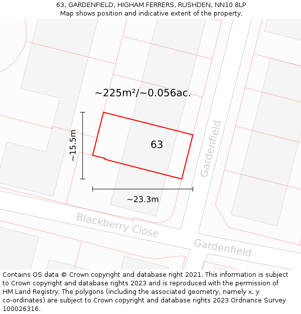 63, GARDENFIELD, HIGHAM FERRERS, RUSHDEN, NN10 8LP: Plot and title map