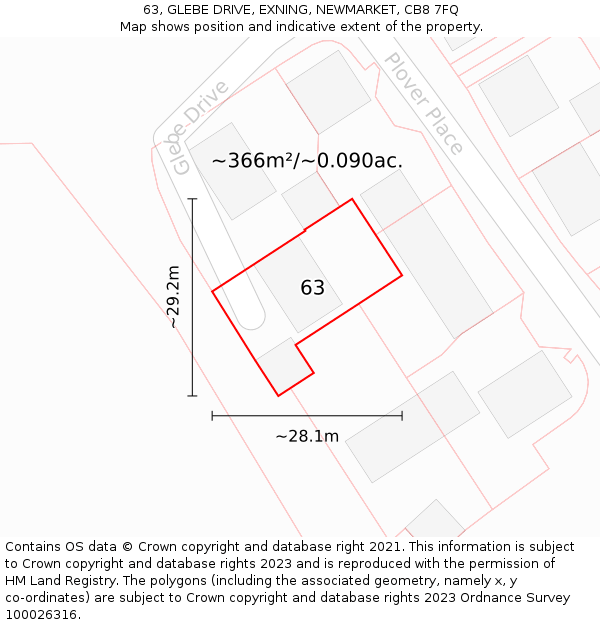 63, GLEBE DRIVE, EXNING, NEWMARKET, CB8 7FQ: Plot and title map