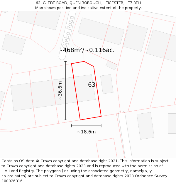 63, GLEBE ROAD, QUENIBOROUGH, LEICESTER, LE7 3FH: Plot and title map