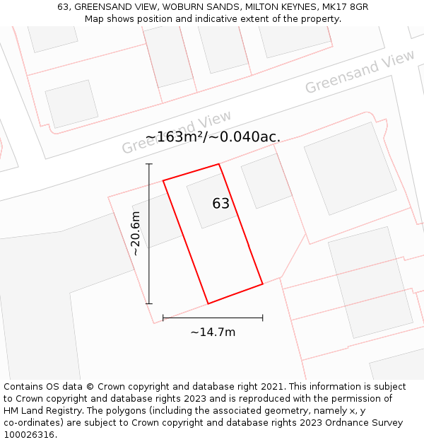 63, GREENSAND VIEW, WOBURN SANDS, MILTON KEYNES, MK17 8GR: Plot and title map