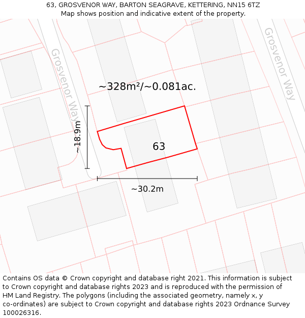 63, GROSVENOR WAY, BARTON SEAGRAVE, KETTERING, NN15 6TZ: Plot and title map