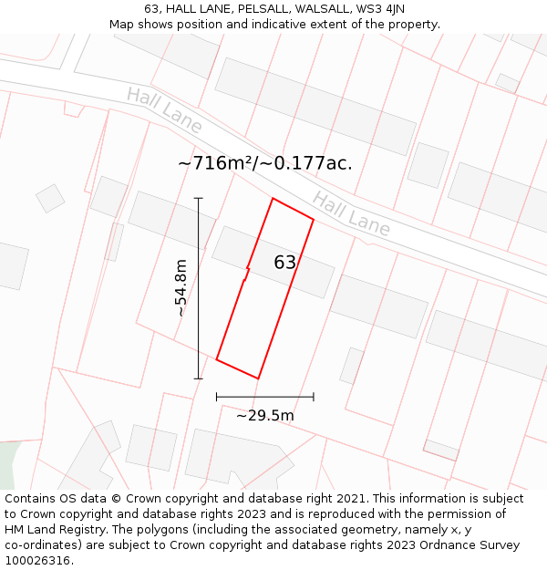63, HALL LANE, PELSALL, WALSALL, WS3 4JN: Plot and title map
