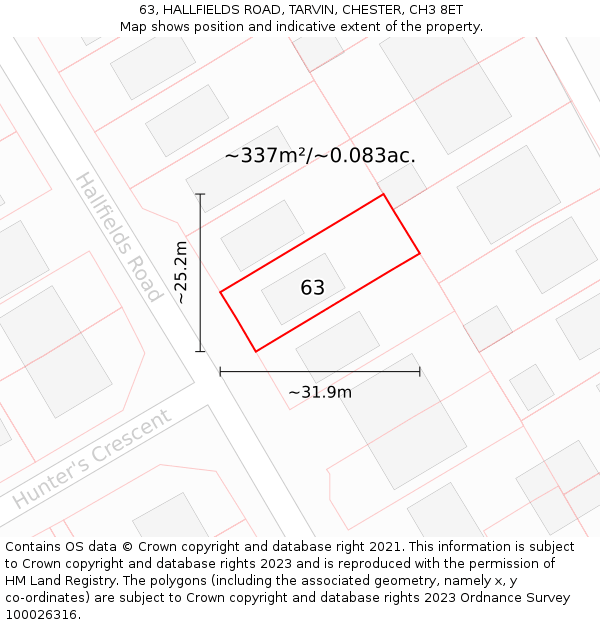 63, HALLFIELDS ROAD, TARVIN, CHESTER, CH3 8ET: Plot and title map